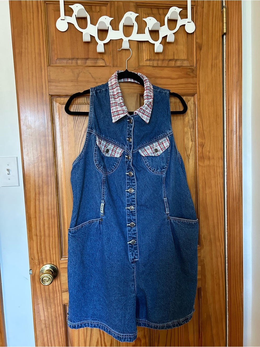 Vintage Revolt Blue Denim Sleeveless Romper with Plaid Collar